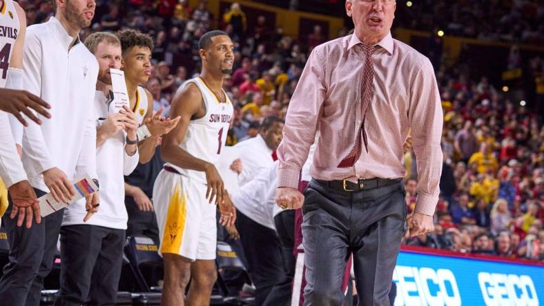 Arizona State Sun Devils head coach Bobby Hurley reacts to a call made against the Sun Devils while they played the Arizona Wildcats at Desert Financial Arena on Saturday, Dec. 31, 2022.