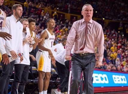 Arizona State Sun Devils head coach Bobby Hurley reacts to a call made against the Sun Devils while they played the Arizona Wildcats at Desert Financial Arena on Saturday, Dec. 31, 2022.