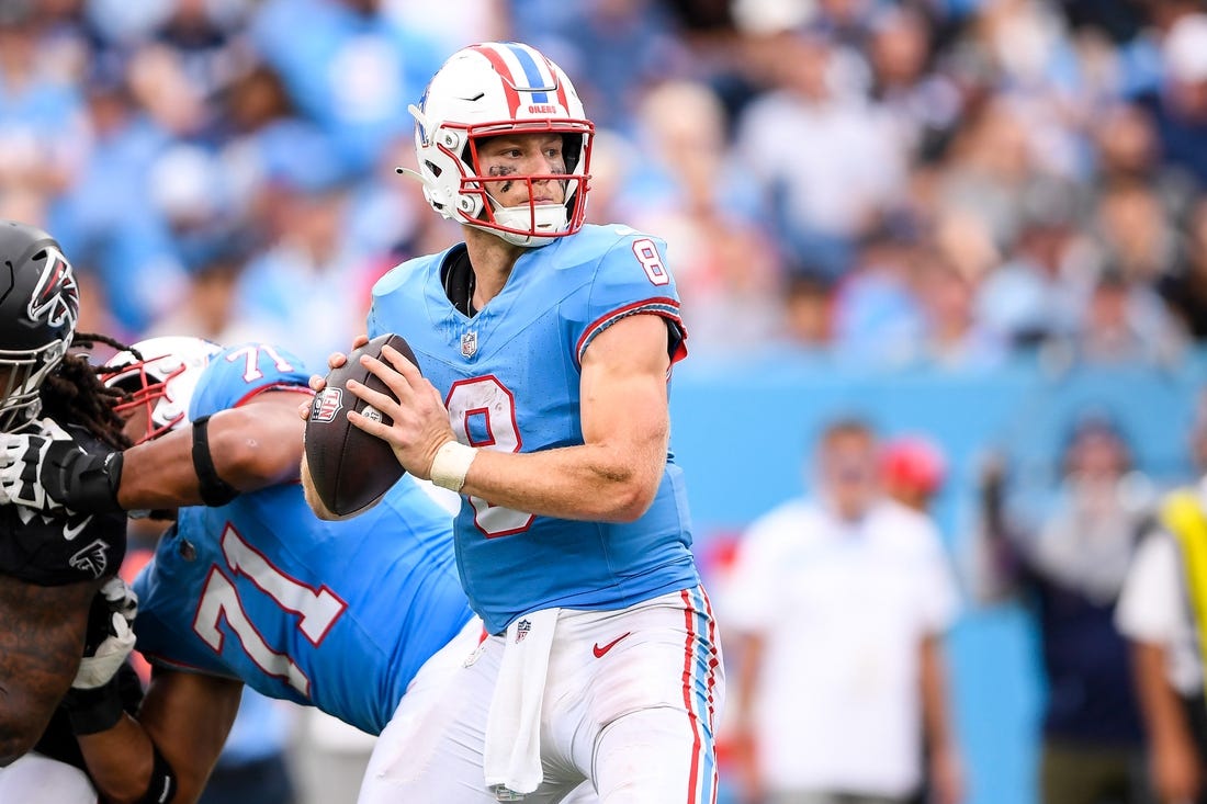 Oct 29, 2023; Nashville, Tennessee, USA;  Tennessee Titans quarterback Will Levis (8) during the first second at Nissan Stadium. Mandatory Credit: Steve Roberts-USA TODAY Sports