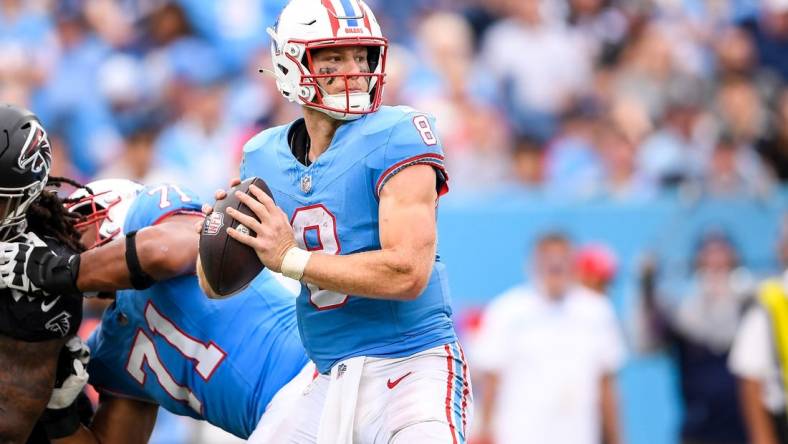 Oct 29, 2023; Nashville, Tennessee, USA;  Tennessee Titans quarterback Will Levis (8) during the first second at Nissan Stadium. Mandatory Credit: Steve Roberts-USA TODAY Sports