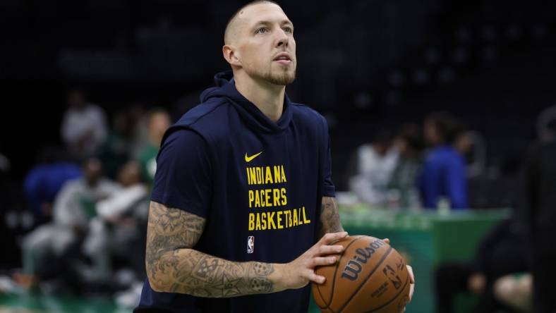 Nov 1, 2023; Boston, Massachusetts, USA; Indiana Pacers center Daniel Theis (27) warms up before their game against the Boston Celtics at TD Garden. Mandatory Credit: Winslow Townson-USA TODAY Sports