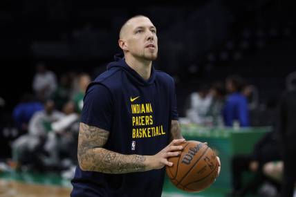Nov 1, 2023; Boston, Massachusetts, USA; Indiana Pacers center Daniel Theis (27) warms up before their game against the Boston Celtics at TD Garden. Mandatory Credit: Winslow Townson-USA TODAY Sports