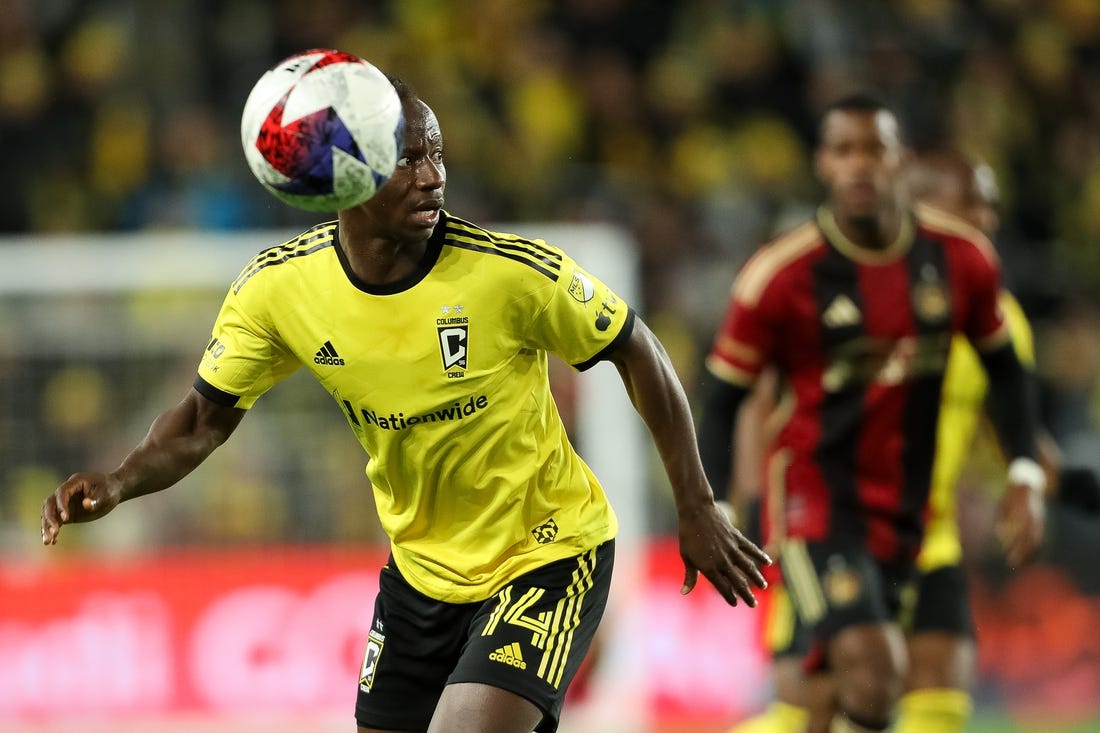 Nov 1, 2023; Columbus, Ohio, USA;Columbus Crew midfielder Yaw Yeboah (14) pursues the ball during the first half of game one against Atlanta United in a round one match of the 2023 MLS Cup Playoffs at Lower.com Field. Mandatory Credit: Joseph Maiorana-USA TODAY Sports