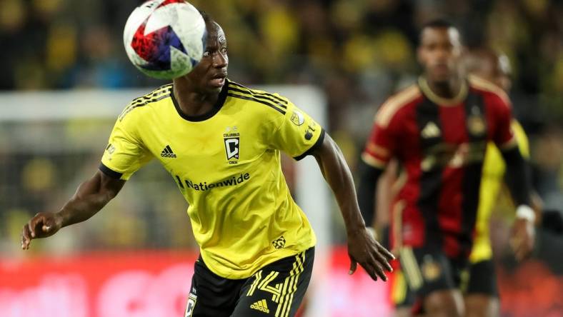 Nov 1, 2023; Columbus, Ohio, USA;Columbus Crew midfielder Yaw Yeboah (14) pursues the ball during the first half of game one against Atlanta United in a round one match of the 2023 MLS Cup Playoffs at Lower.com Field. Mandatory Credit: Joseph Maiorana-USA TODAY Sports