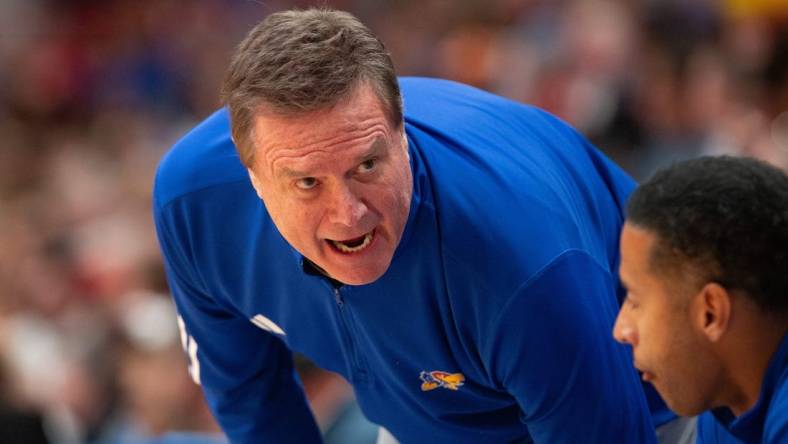 Kansas coach Bill Self yells down at his players during the second half of Wednesday's exhibition game against Fort Hays State inside Allen Fieldhouse.