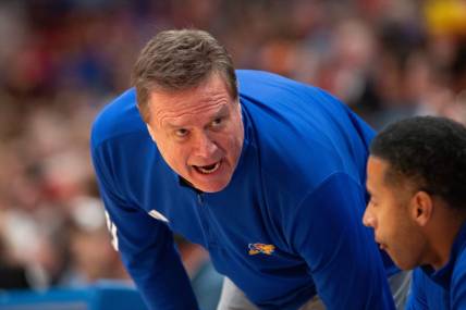 Kansas coach Bill Self yells down at his players during the second half of Wednesday's exhibition game against Fort Hays State inside Allen Fieldhouse.