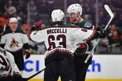Nov 1, 2023; Anaheim, California, USA; Arizona Coyotes left wing Lawson Crouse (67) celebrates his goal scored against the Anaheim Ducks with left wing Matias Maccelli (63) during the first period at Honda Center. Mandatory Credit: Gary A. Vasquez-USA TODAY Sports