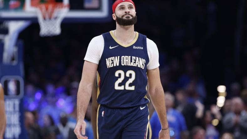 Nov 1, 2023; Oklahoma City, Oklahoma, USA; New Orleans Pelicans forward Larry Nance Jr. (22) walks down the court during the second half against the Oklahoma City Thunder at Paycom Center. New Orleans won 110-106. Mandatory Credit: Alonzo Adams-USA TODAY Sports