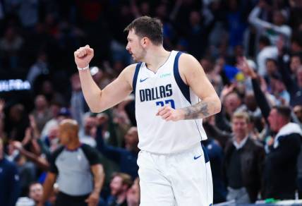 Nov 1, 2023; Dallas, Texas, USA;  Dallas Mavericks guard Luka Doncic (77) reacts during the second half against the Chicago Bulls at American Airlines Center. Mandatory Credit: Kevin Jairaj-USA TODAY Sports