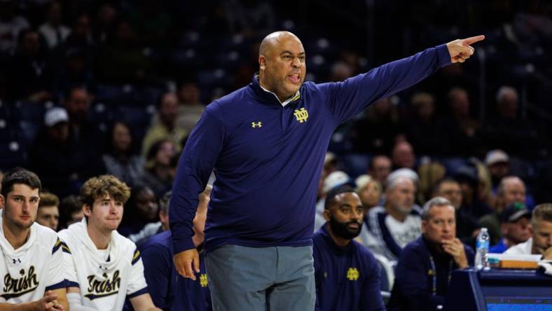 Notre Dame head coach Micah Shrewsberry during the Hanover College-Notre Dame NCAA Men   s basketball game on Wednesday, November 01, 2023, at Purcell Pavilion in South Bend, Indiana.