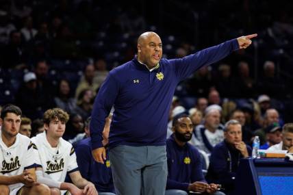 Notre Dame head coach Micah Shrewsberry during the Hanover College-Notre Dame NCAA Men   s basketball game on Wednesday, November 01, 2023, at Purcell Pavilion in South Bend, Indiana.