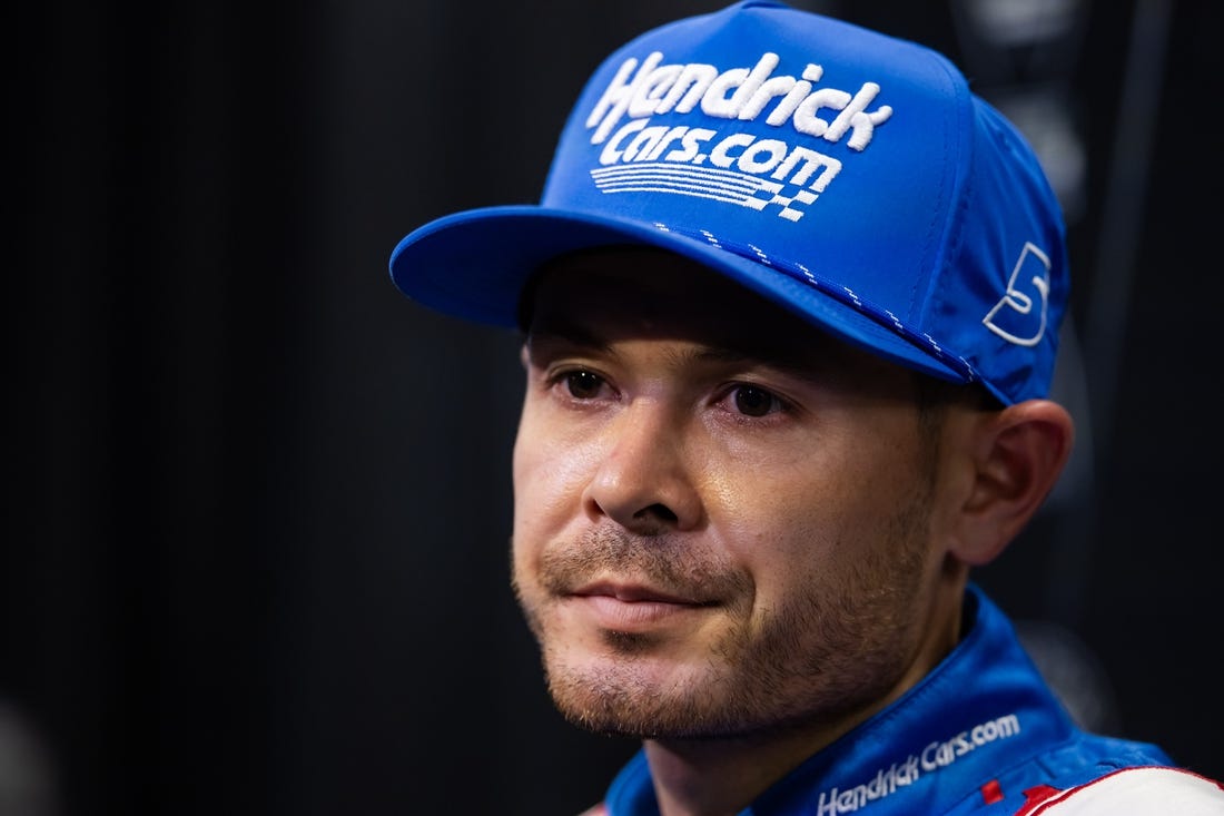 Nov 2, 2023; Avondale, Arizona, USA; NASCAR Cup Series driver Kyle Larson speaks to the media during Championship Media Day at Phoenix Raceway. Mandatory Credit: Mark J. Rebilas-USA TODAY Sports