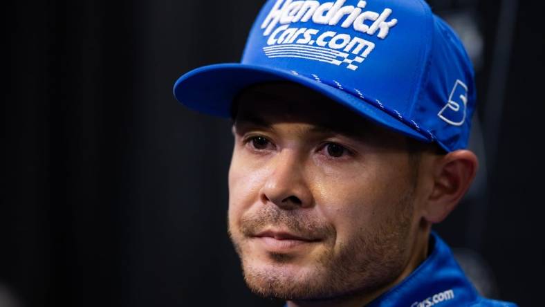 Nov 2, 2023; Avondale, Arizona, USA; NASCAR Cup Series driver Kyle Larson speaks to the media during Championship Media Day at Phoenix Raceway. Mandatory Credit: Mark J. Rebilas-USA TODAY Sports