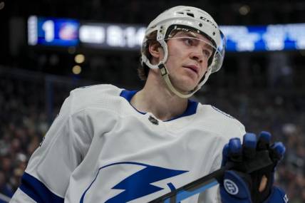 Nov 2, 2023; Columbus, Ohio, USA;  Tampa Bay Lightning center Brayden Point (21) skates during a stop in play against the Columbus Blue Jackets in the first period at Nationwide Arena. Mandatory Credit: Aaron Doster-USA TODAY Sports