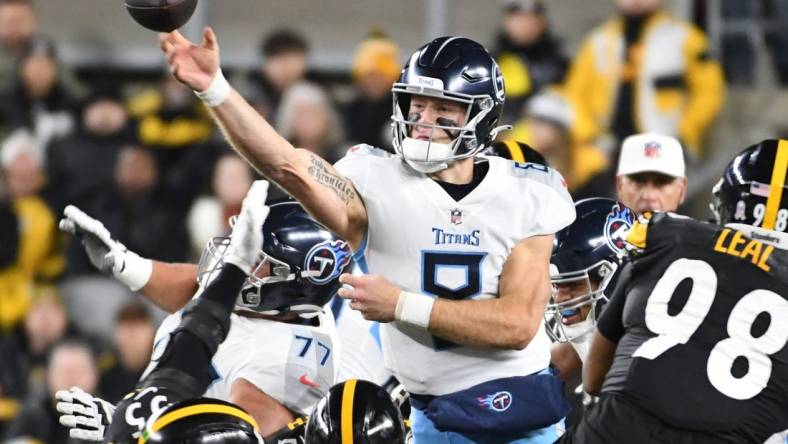 Nov 2, 2023; Pittsburgh, Pennsylvania, USA; Tennessee Titans quarterback Will Levis (8) throws under pressure from the Pittsburgh Steelers defense during the first quarter at Acrisure Stadium. Mandatory Credit: Philip G. Pavely-USA TODAY Sports