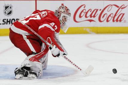 Nov 2, 2023; Detroit, Michigan, USA;  Detroit Red Wings goaltender James Reimer (47) makes a save in the third period against the Florida Panthers at Little Caesars Arena. Mandatory Credit: Rick Osentoski-USA TODAY Sports