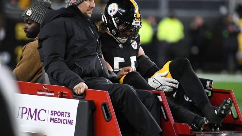 Nov 2, 2023; Pittsburgh, Pennsylvania, USA; Pittsburgh Steelers linebacker Cole Holcomb (55) leaves on a cart after an injury against the Tennessee Titans during the first quarter at Acrisure Stadium. Mandatory Credit: Philip G. Pavely-USA TODAY Sports