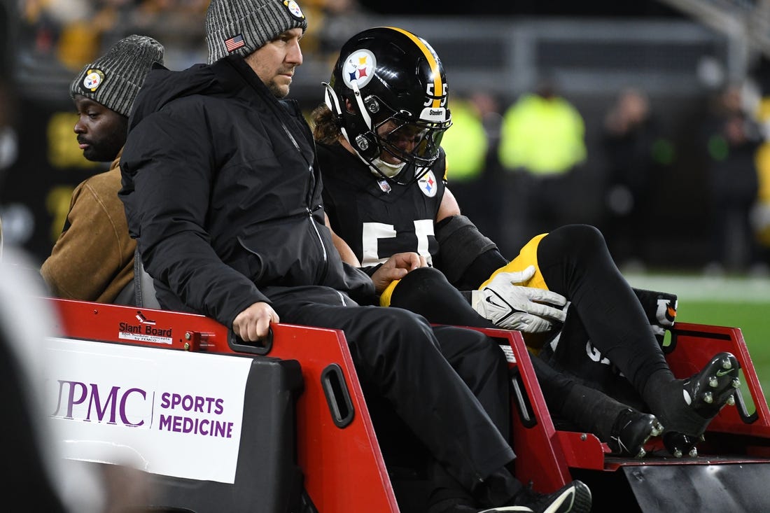 Nov 2, 2023; Pittsburgh, Pennsylvania, USA; Pittsburgh Steelers linebacker Cole Holcomb (55) leaves on a cart after an injury against the Tennessee Titans during the first quarter at Acrisure Stadium. Mandatory Credit: Philip G. Pavely-USA TODAY Sports