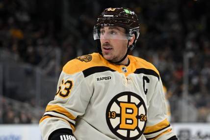 Nov 2, 2023; Boston, Massachusetts, USA; Boston Bruins left wing Brad Marchand (63) skates against the Toronto Maple Leafs during the third period at the TD Garden. Mandatory Credit: Brian Fluharty-USA TODAY Sports
