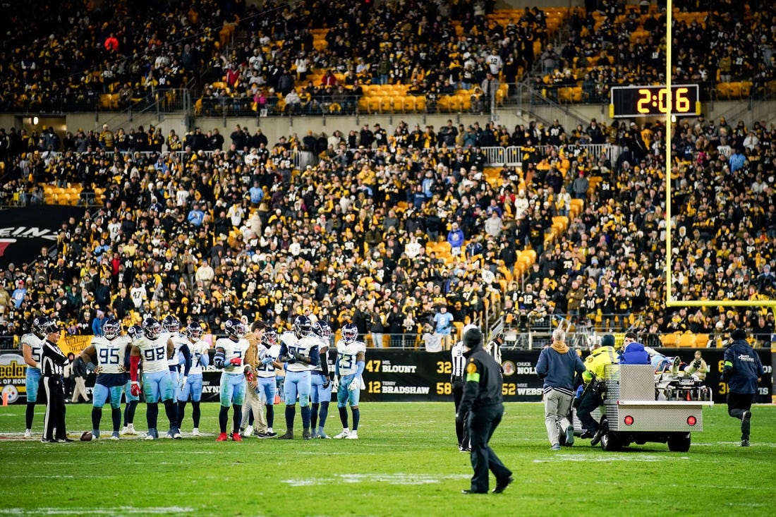 Tennessee Titans players watch at wide receiver Treylon Burks (16) is carted off after an injury during the fourth quarter against the Pittsburgh Steelers in Pittsburgh, Pa., Thursday, Nov. 2, 2023.