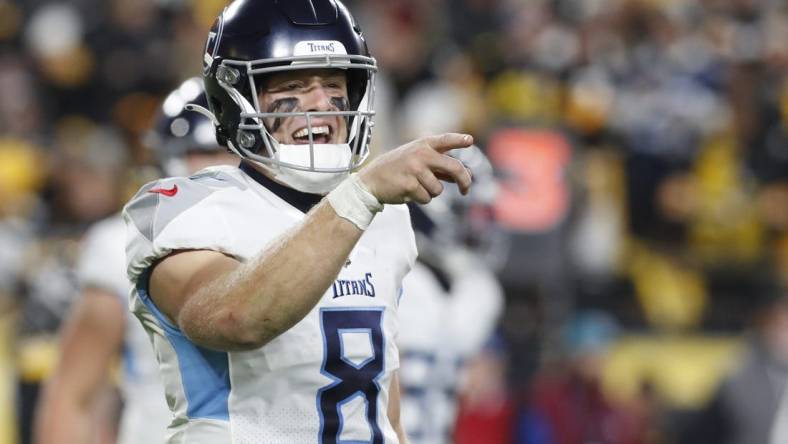 Nov 2, 2023; Pittsburgh, Pennsylvania, USA;  Tennessee Titans quarterback Will Levis (8) gestures to the sidelines against the Pittsburgh Steelers during the third quarter at Acrisure Stadium. Pittsburgh won 20-16. Mandatory Credit: Charles LeClaire-USA TODAY Sports