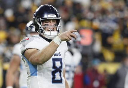Nov 2, 2023; Pittsburgh, Pennsylvania, USA;  Tennessee Titans quarterback Will Levis (8) gestures to the sidelines against the Pittsburgh Steelers during the third quarter at Acrisure Stadium. Pittsburgh won 20-16. Mandatory Credit: Charles LeClaire-USA TODAY Sports