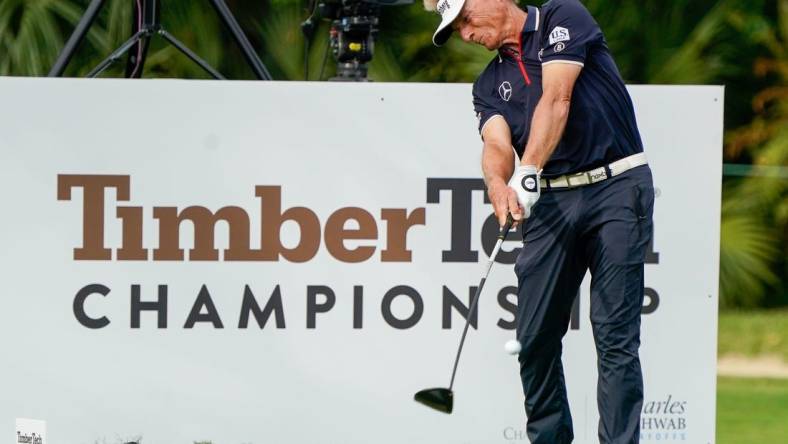 Bernhard Langer hits his drive on the 18th hole during the opening round of the TimberTech Championship at The Old Course at Broken Sound on Friday, November 3, 2023, in Boca Raton, FL.