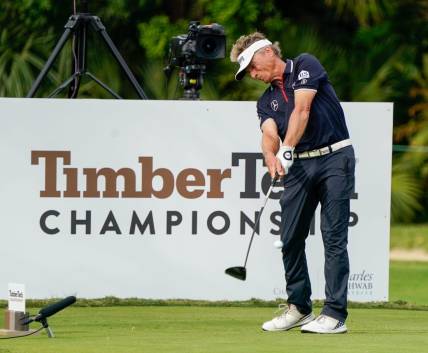 Bernhard Langer hits his drive on the 18th hole during the opening round of the TimberTech Championship at The Old Course at Broken Sound on Friday, November 3, 2023, in Boca Raton, FL.