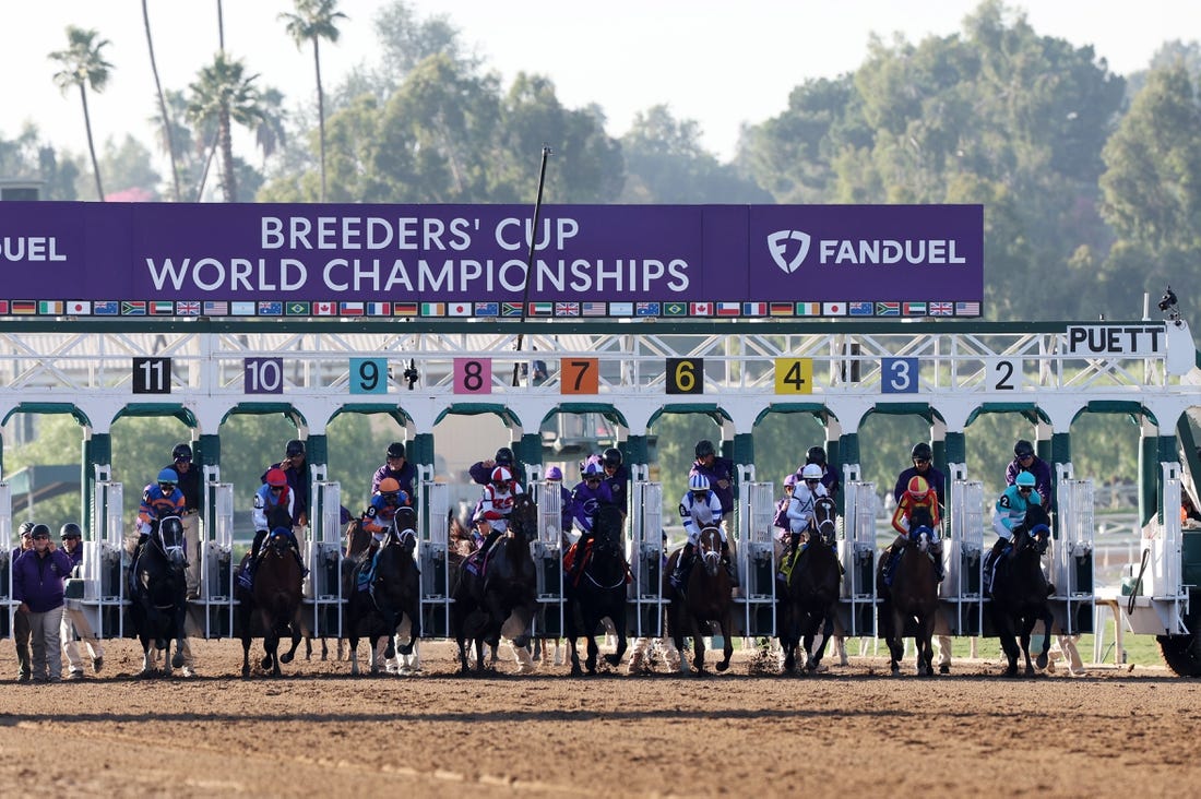 Nov 3, 2023; Santa Anita, CA, USA; Horses start at BREEDERS' CUP JUVENILE race during the 2023 Breeders' Cup World Championships at Santa Anita Park. Mandatory Credit: Kiyoshi Mio-USA TODAY Sports