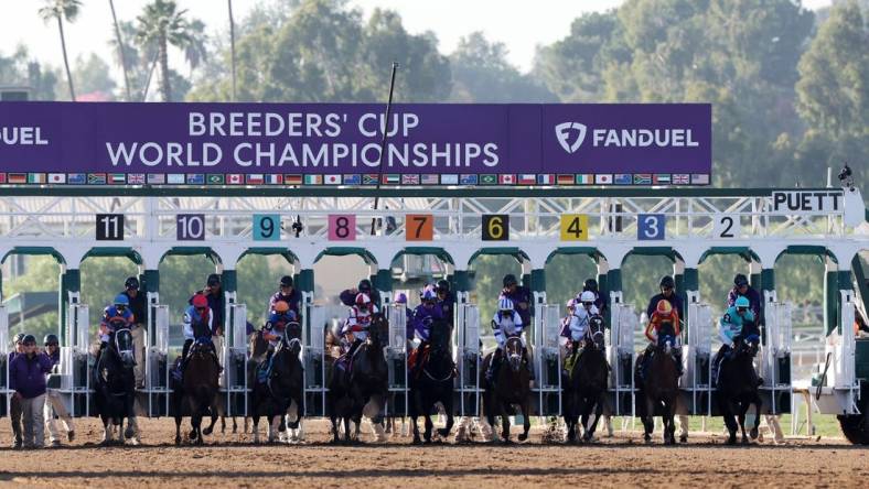 Nov 3, 2023; Santa Anita, CA, USA; Horses start at BREEDERS' CUP JUVENILE race during the 2023 Breeders' Cup World Championships at Santa Anita Park. Mandatory Credit: Kiyoshi Mio-USA TODAY Sports