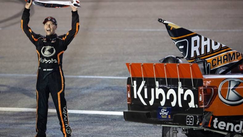 Nov 3, 2023; Avondale, Arizona, USA; NASCAR Truck Series driver Ben Rhodes celebrates after winning the Truck Series Championship during the Championship Race at Phoenix Raceway. Mandatory Credit: Mark J. Rebilas-USA TODAY Sports