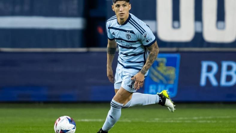 Oct 25, 2023; Kansas City, KS, USA; Sporting Kansas City forward Alan Pulido (9) controls the ball during the second half against the San Jose Earthquakes in the Western Conference Wild Card match of the 2023 MLS Cup Playoffs at Children's Mercy Park. Mandatory Credit: Jay Biggerstaff-USA TODAY Sports