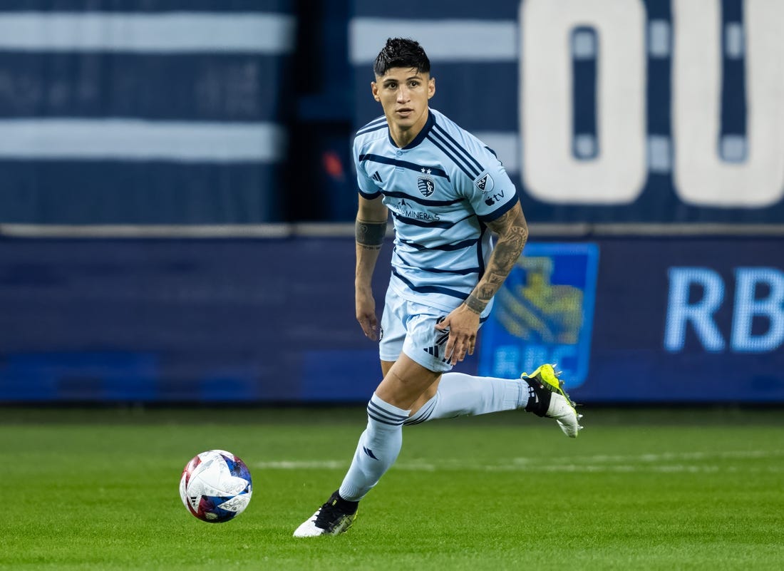 Oct 25, 2023; Kansas City, KS, USA; Sporting Kansas City forward Alan Pulido (9) controls the ball during the second half against the San Jose Earthquakes in the Western Conference Wild Card match of the 2023 MLS Cup Playoffs at Children's Mercy Park. Mandatory Credit: Jay Biggerstaff-USA TODAY Sports