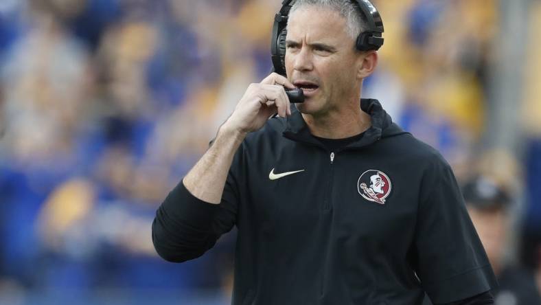 Nov 4, 2023; Pittsburgh, Pennsylvania, USA;  Florida State Seminoles head coach Mike Norvell on the sidelines against the Pittsburgh Panthers during the second quarter at Acrisure Stadium. Mandatory Credit: Charles LeClaire-USA TODAY Sports