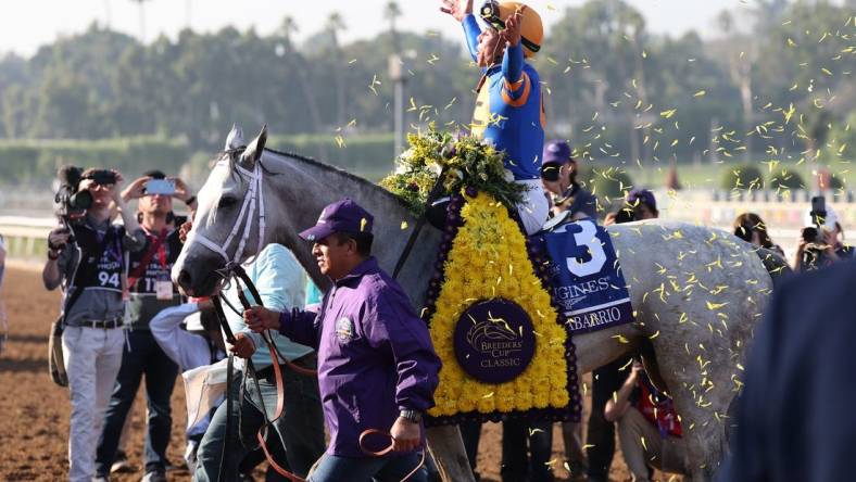 Nov 4, 2023; Santa Anita, CA, USA;  Jockey Irad Ortiz Jr. with White Abarrio (3) reacts after winning the BREEDERS' CUP CLASSIC during the 2023 Breeders' Cup World Championships at Santa Anita Park. Mandatory Credit: Kiyoshi Mio-USA TODAY Sports