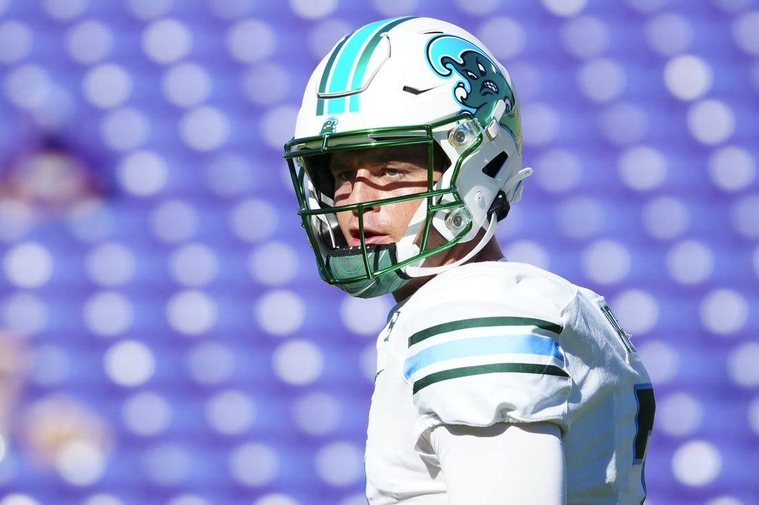 Nov 4, 2023; Greenville, North Carolina, USA;  Tulane Green Wave quarterback Michael Pratt (7) looks on before the game against the East Carolina Pirates at Dowdy-Ficklen Stadium. Mandatory Credit: James Guillory-USA TODAY Sports