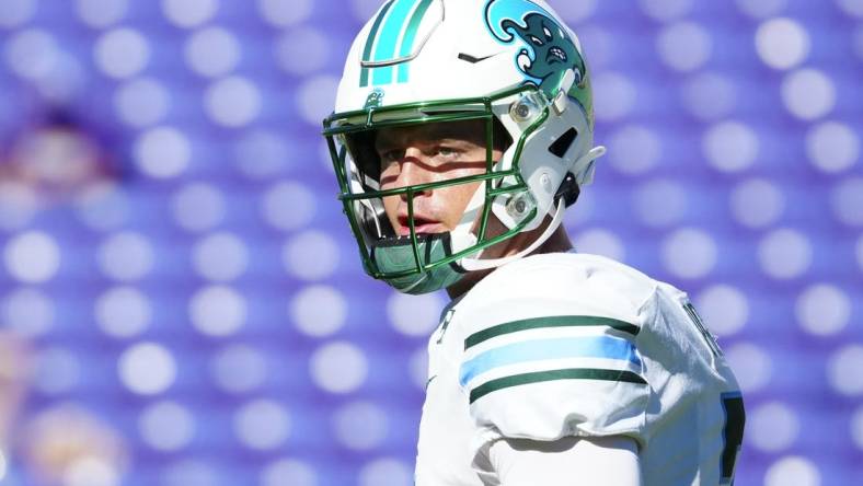 Nov 4, 2023; Greenville, North Carolina, USA;  Tulane Green Wave quarterback Michael Pratt (7) looks on before the game against the East Carolina Pirates at Dowdy-Ficklen Stadium. Mandatory Credit: James Guillory-USA TODAY Sports