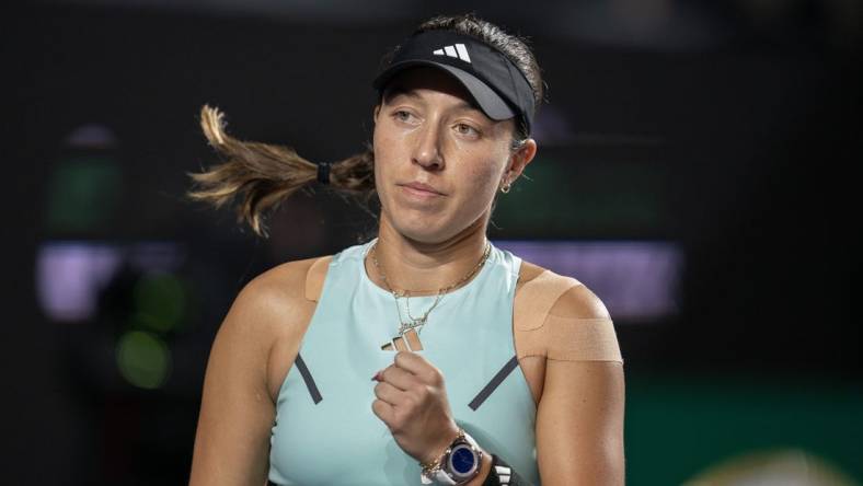 Nov 4, 2023; Cancun, Mexico; Jessica Pegula (USA) celebrates winning her match against Coco Gauff (USA) on day seven of the GNP Saguaros WTA Finals Cancun. Mandatory Credit: Susan Mullane-USA TODAY Sports