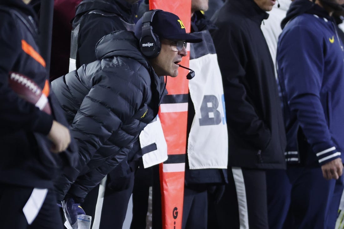 Nov 4, 2023; Ann Arbor, Michigan, USA;  Michigan Wolverines head coach Jim Harbaugh on the sideline in the first half against the Purdue Boilermakers at Michigan Stadium. Mandatory Credit: Rick Osentoski-USA TODAY Sports