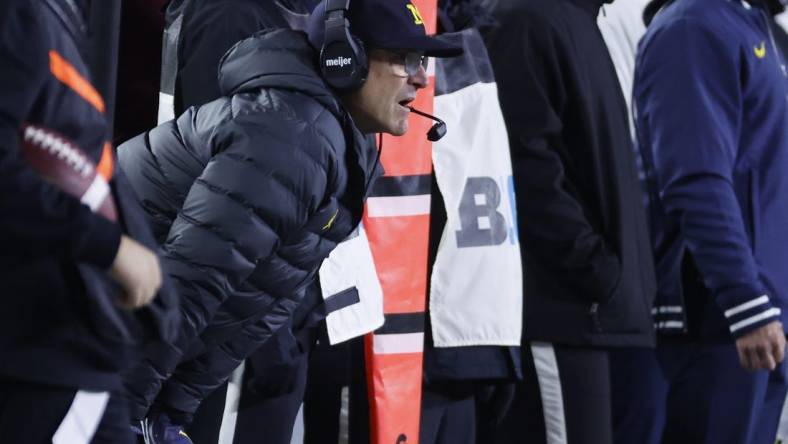 Nov 4, 2023; Ann Arbor, Michigan, USA;  Michigan Wolverines head coach Jim Harbaugh on the sideline in the first half against the Purdue Boilermakers at Michigan Stadium. Mandatory Credit: Rick Osentoski-USA TODAY Sports