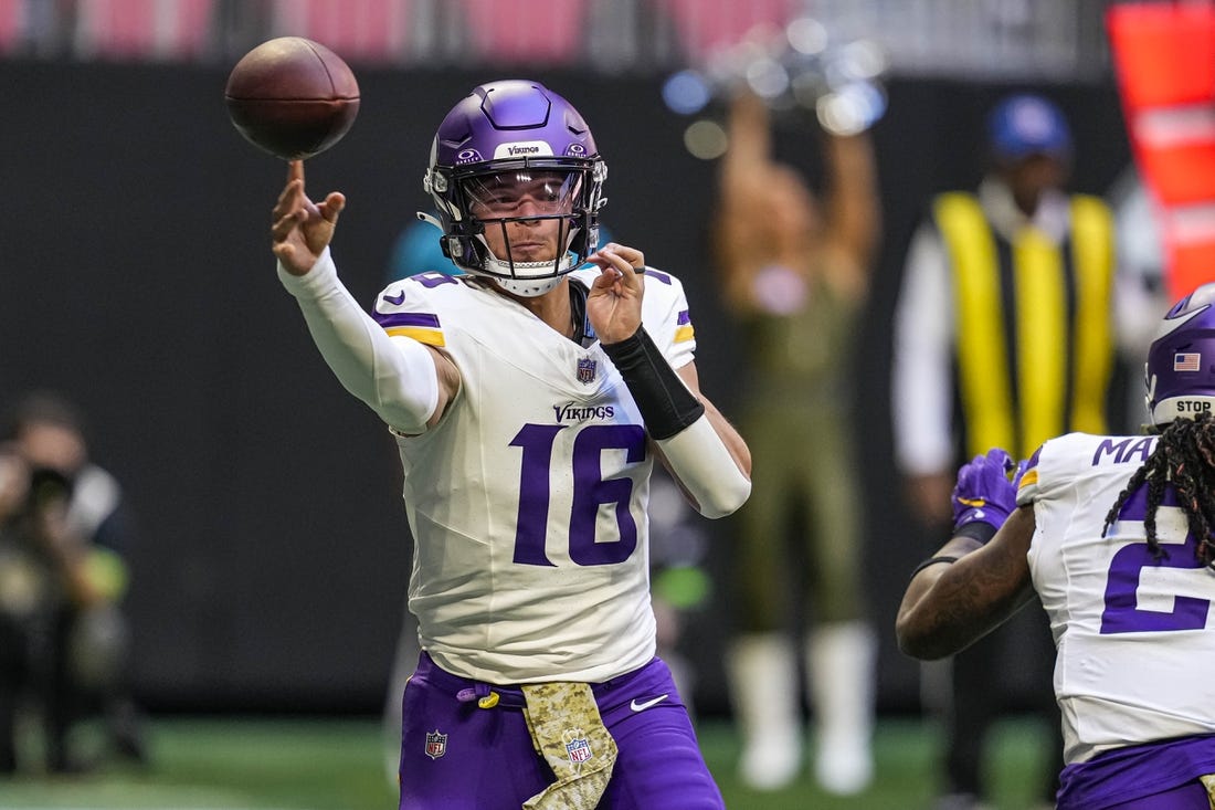 Nov 5, 2023; Atlanta, Georgia, USA; Minnesota Vikings quarterback Jaren Hall (16) passes the ball against the Atlanta Falcons during the first quarter at Mercedes-Benz Stadium. Mandatory Credit: Dale Zanine-USA TODAY Sports