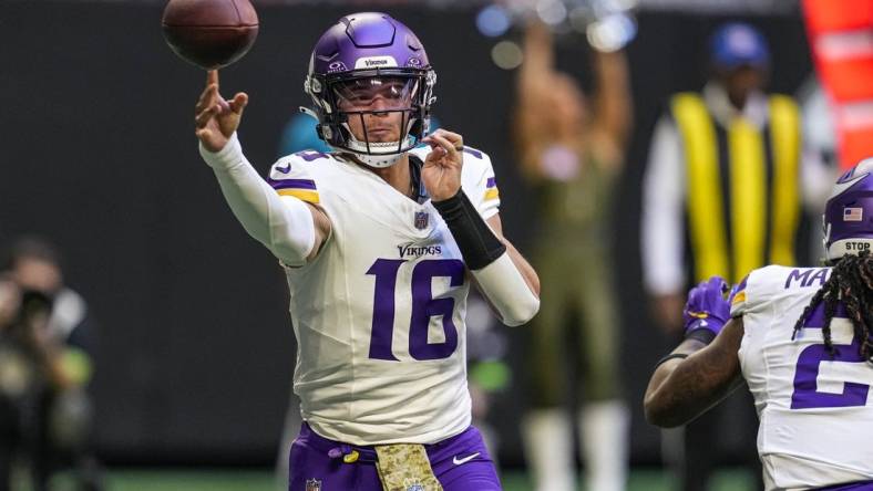 Nov 5, 2023; Atlanta, Georgia, USA; Minnesota Vikings quarterback Jaren Hall (16) passes the ball against the Atlanta Falcons during the first quarter at Mercedes-Benz Stadium. Mandatory Credit: Dale Zanine-USA TODAY Sports