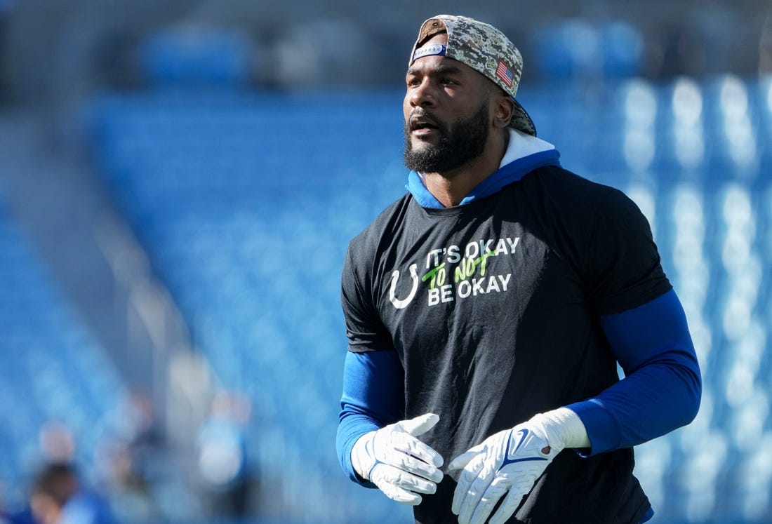 Indianapolis Colts linebacker Shaquille Leonard (53) warms up Sunday, Nov. 5, 2023, ahead of a game against the Carolina Panthers at Bank of America Stadium in Charlotte.