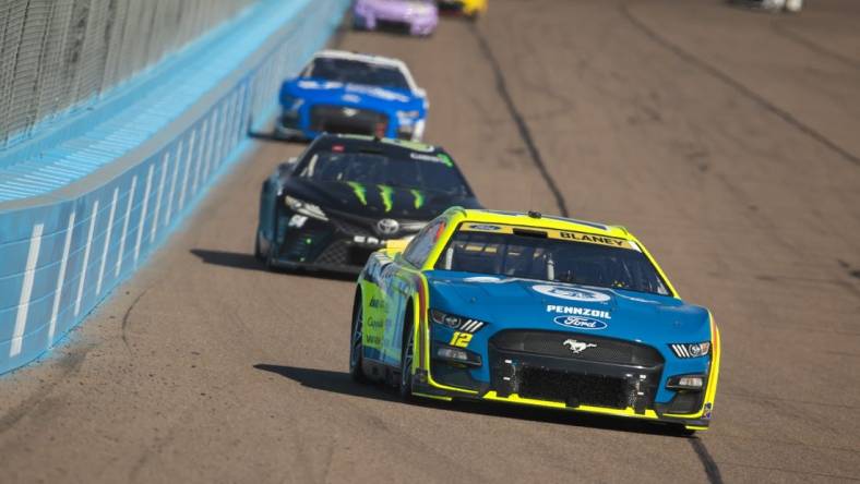 Nov 5, 2023; Avondale, Arizona, USA; NASCAR Cup Series driver Ryan Blaney during the Championship Race at Phoenix Raceway. Mandatory Credit: Mark J. Rebilas-USA TODAY Sports