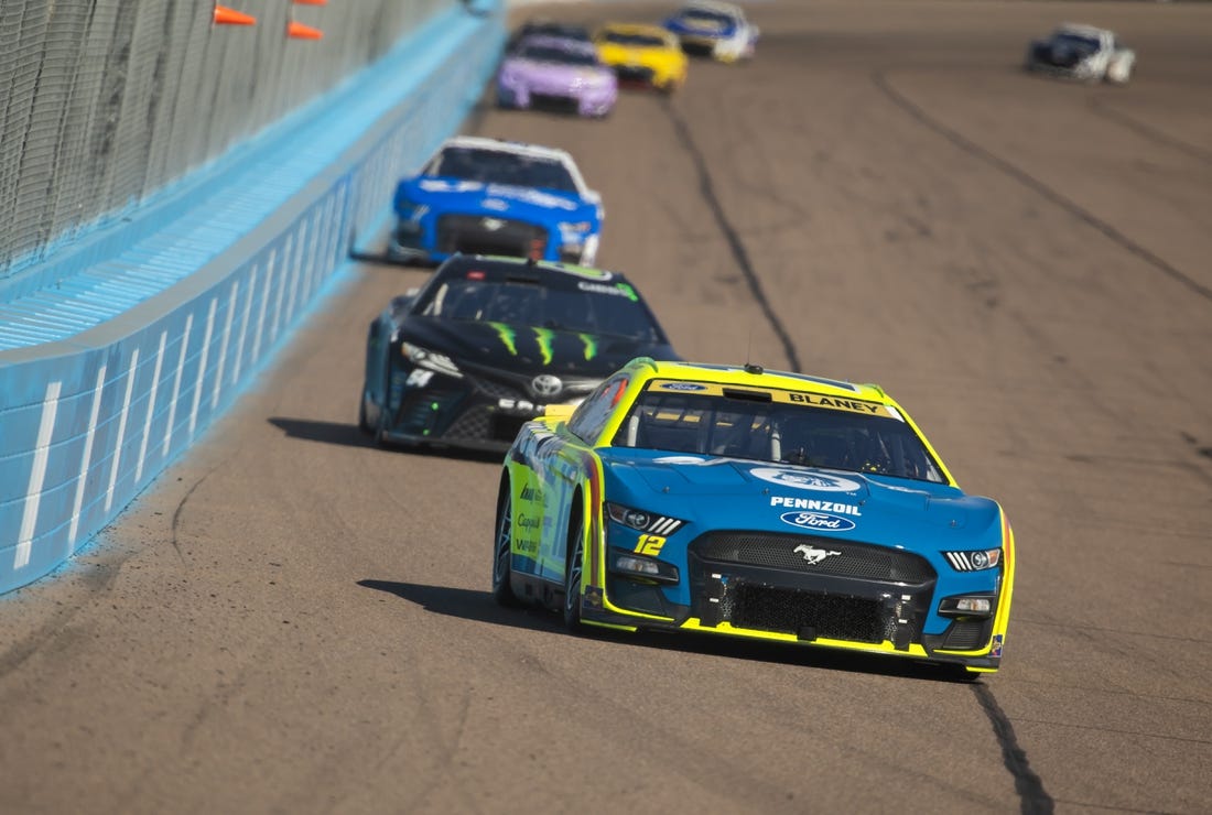 Nov 5, 2023; Avondale, Arizona, USA; NASCAR Cup Series driver Ryan Blaney during the Championship Race at Phoenix Raceway. Mandatory Credit: Mark J. Rebilas-USA TODAY Sports