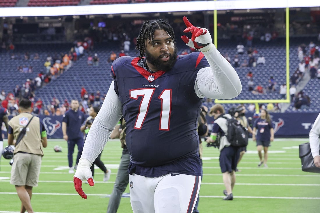 Nov 5, 2023; Houston, Texas, USA; Houston Texans offensive tackle Tytus Howard (71) walks off the field after the game against the Tampa Bay Buccaneers at NRG Stadium. Mandatory Credit: Troy Taormina-USA TODAY Sports