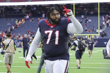 Nov 5, 2023; Houston, Texas, USA; Houston Texans offensive tackle Tytus Howard (71) walks off the field after the game against the Tampa Bay Buccaneers at NRG Stadium. Mandatory Credit: Troy Taormina-USA TODAY Sports
