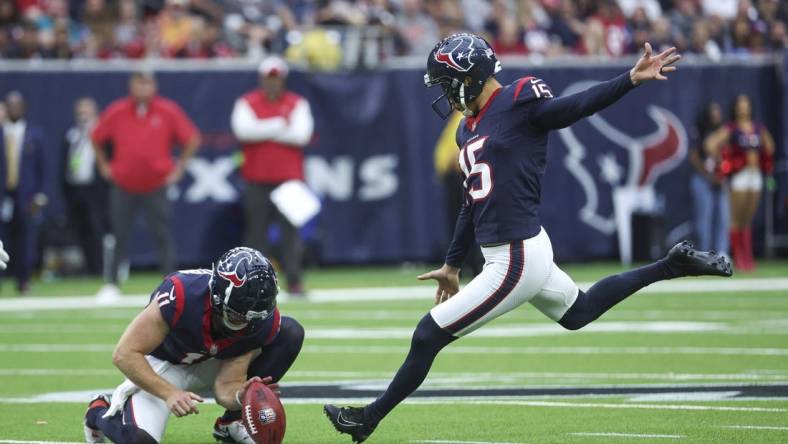 Nov 5, 2023; Houston, Texas, USA; Houston Texans place kicker Ka'imi Fairbairn (15) kicks a field goal during the second quarter against the Tampa Bay Buccaneers at NRG Stadium. Mandatory Credit: Troy Taormina-USA TODAY Sports