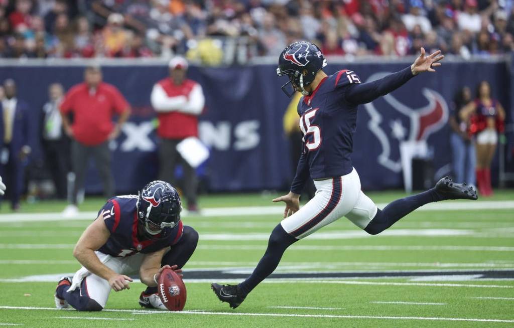 Nov 5, 2023; Houston, Texas, USA; Houston Texans place kicker Ka'imi Fairbairn (15) kicks a field goal during the second quarter against the Tampa Bay Buccaneers at NRG Stadium. Mandatory Credit: Troy Taormina-USA TODAY Sports