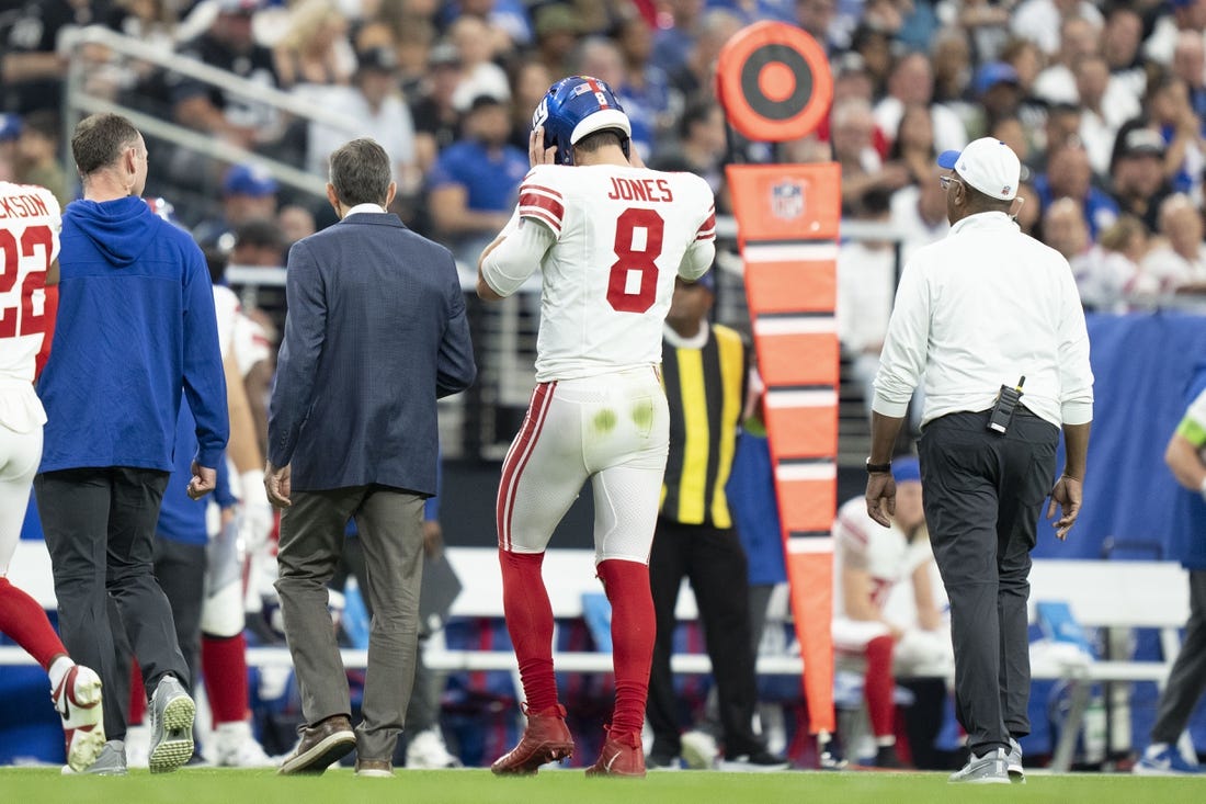 November 5, 2023; Paradise, Nevada, USA; New York Giants quarterback Daniel Jones (8) walks to the sideline after an injury against the Las Vegas Raiders during the second quarter at Allegiant Stadium. Mandatory Credit: Kyle Terada-USA TODAY Sports